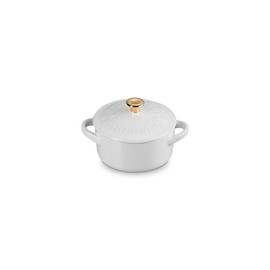 Le Creuset Stoneware Holly Collection Mini Round Cocotte, 8 Oz, White with Gold Knob