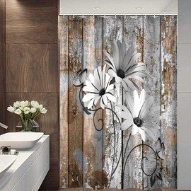 JAWO Farmhouse Flower Floral Shower Curtain, Rustic Grey Daisy Shower Curtain Set, Country Grey Wild Garden Plant Fabric Shower Curtain with Hooks, Brown Wooden Board Bathroom Curtain, 54x70inch