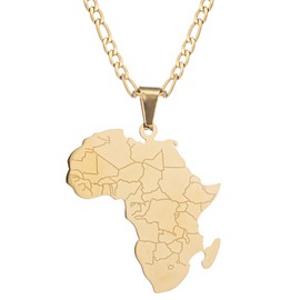 14K Gold Plated Africa Map Pendant Necklace for Women Men 3MM Flat Figaro Chain Necklace Hiphop Stainless Steel African Map Pendant, Stainless Steel, No Gemstone