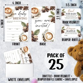 SIXEIGHT Baby Shower Invitation, 25 Sets A Baby Is Brewing Baby Shower Invites with Envelopes, Diaper Raffle Tickets & Books for Baby Cards, Coffee Gender Reveal Party Supplies Decorations-A17