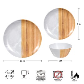 DoDoware Melamine Dinnerware Sets for 4, 12-Piece Lightweight Outdoor Plates and Bowls Sets, Unbreakable Wooden Jade Pattern Flatware set