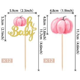 24 piezas de decoración de calabaza, oh para bebé, decoración de cupcakes, con purpurina, para otoño, baby shower, calabaza, para revelar el género, temática de baby shower, decoración de tartas para niños, color rosa