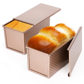 Beasea Pullman Loaf Pan with Lid, 2 Pack 1 lb Non-Stick Bread Loaf Pans Carbon Steel Bread Toast Box with Cover for Homemade Bakeware Bread Toast Oven Baking - Rose Gold