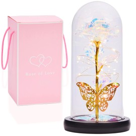 Galaxy Rose Forever Light Up - Galaxy Rose Gift for Mom, Artificial Eternal Forever Rose with Butterfly in Glass Dome, for Grandma Wife Daughter