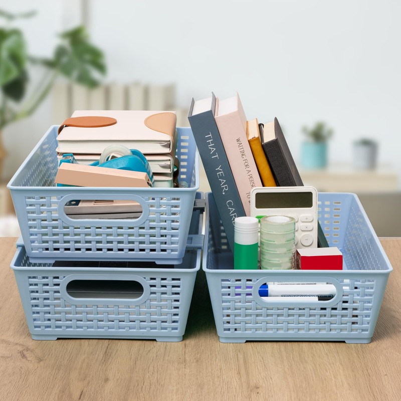 Stackable Woven Plastic Basket, Storage Bins for Cabinet, Closet, Shelf,