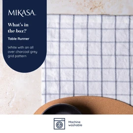 Mikasa Cotton and Linen Table Runner, White Check Table Runner, 230 x 33 cm, Natural Table Runner for Rustic Dining, Machine Washable