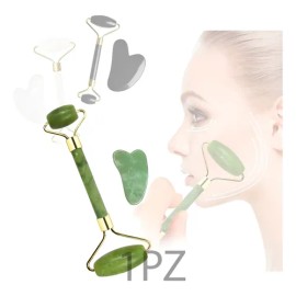 Set Rodillo Jade Y Piedra Gua Sha Jade Masajeadora Rostro F                                                                                           