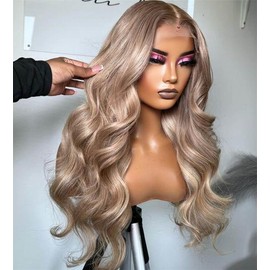Rina 200% Density Milk Tea Ash Blonde Lace Front Wig Human Hair Upgrades Body Wave Platinum Grey Balayage Lace Front Wig More Full and Thicker 13x4 HD Invisible Frontal Wig for Women 24 Inch