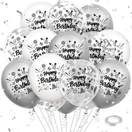 White Silver Birthday Balloons Decorations 18pcs Happy Birthday Party Confetti Balloons Latex for Women Men Boys Girls Kids Adults Happy Birthday Anniversary Party Favors Decor Supplies 12 Inches