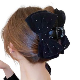Large Ribbon Hair Ornament, Hair Clip, Rhinestone, Decorative, Bow, Hair Arrangement, Accessory, Mine-based Fashion, Accessory, Sparkle, Girly, Black