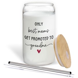 BEHIFL Promoted to Grandma Glass Cup with Lids and Straws 14oz, First Time Soon to Be Grandma Gifts, Mother's Day Gifts for New Grandmother Glass Iced Coffee Tumbler Drinking Jars with Cleaning Brush