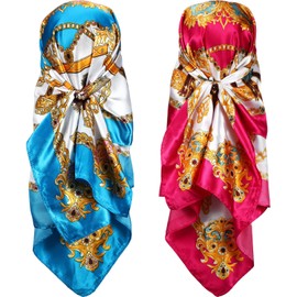 SATINIOR 2 Pieces 35 Inch Large square Satin Head Scarf Silk Bandanas Hair Scarf Silk Like Hair Sleeping Wraps Neck Scarf for Women, Multicolor, M