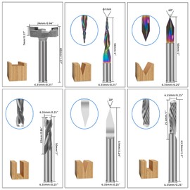 LUNYEE - Kit esencial de brocas CNC de vástago de 1/4 pulgadas incluye boquilla de alta precisión ER11 de 1/4 pulgadas, broca en V, fresas de extremo, broca biselada para carpintería