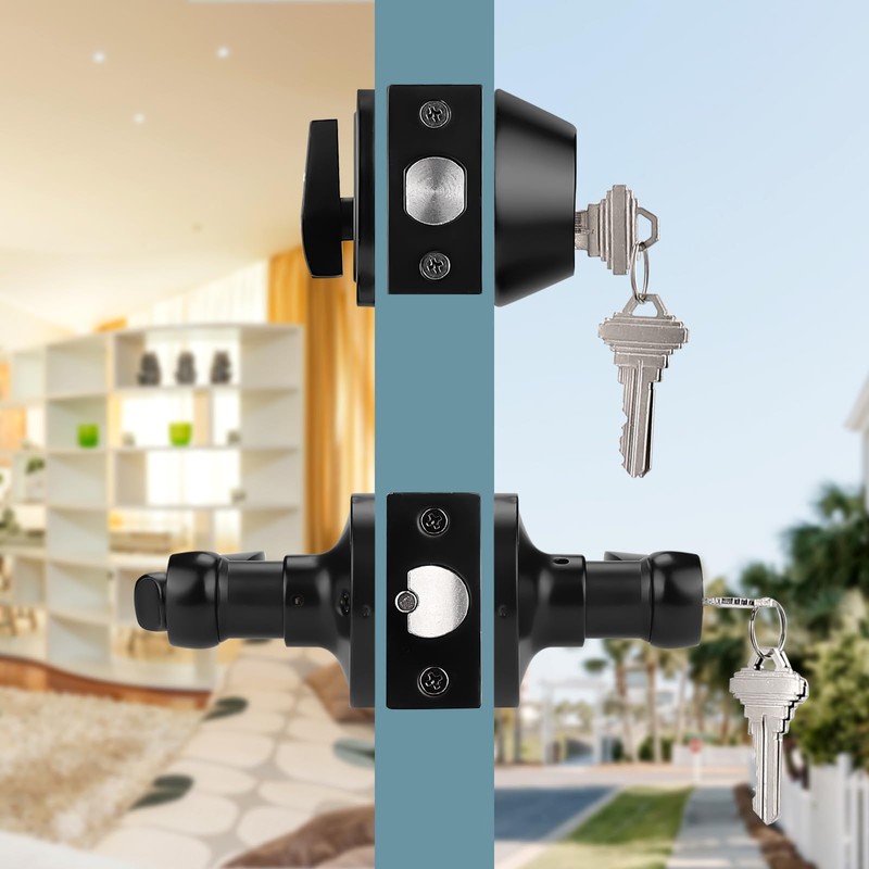 Probrico 2 Pack Black Door Lever and Single Cylinder Deadbolt