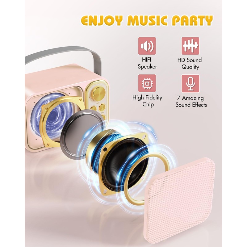 BESCOST LED Karaoke Machine with 2 Wireless Microphones, Mini Karaoke