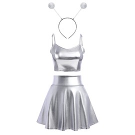 Alien Costume Women's Sexy Metallic Glitter Crop Top + Mini Skirts Headband Rave Outfit