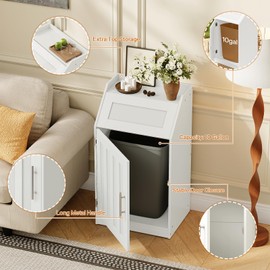 HOOBRO 10-Gallon Trash Bin Cabinet, Freestanding Trash Can Cabinet with Fenced Top and Flip-Up Baffle, Indoor Hidden Garbage with Open Storage, for Kitchen, Restaurant, Dining, White WT01LJ01