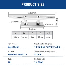 Telituny Cleats for Boats, Stainless Steel Cleat, Boat Cleat, 10 x 3.5 cm/3.94 x 1.38 Inch Highly Polished Boat Accessories, Marine Rope Bollard Foot for Marine Yacht, 4.3 mm (4 Inch) Thread Hole Size