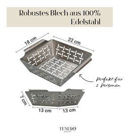 TENERO Grill Basket - Stainless Steel Grill Accessories for Fish, Meat & Vegetables, Vegetable Basket for All Grills or Ovens, 22 x 18 x 7 cm