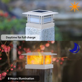 Dynaming 6 Pack Solar Post Cap Lights Outdoor with Flickering Flame Light, White Shell Fence Post Solar Lights Fit 4x4 5x5 6x6 Vinyl/Wooden Posts, Brightness LED Lighting Decor for Garden Deck Patio
