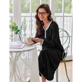 Ekouaer Womens Nightshirt Long Sleeves Nightgown Casual Button up Sleepwear Henley Full Length Sleep Dress Black