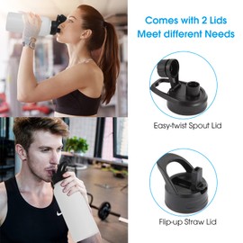 Insulated Water Bottle, 32oz Vacuum Stainless Steel Metal Sports Water Bottles with Stickers, Straw & Spout Lid (2 Lids), Double Walled to Keeps Hot and Cold, Leak Proof, BPA-Free, 32oz (White)