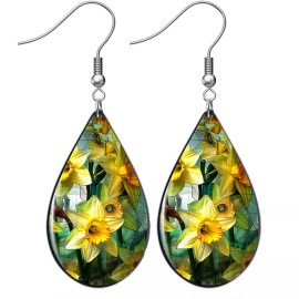 the fun things Daffodil Earrings Spring Flower Garden Teardrop Dangle Floral Sterling Silver