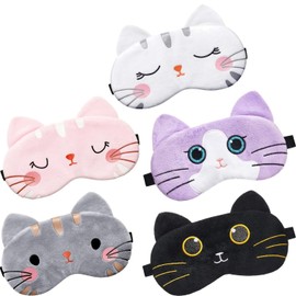 siawadeky Eye Mask, Light Blocking, Set of 5, Cute, Cat Pattern, Eye Cover, Good Sleep, No Pressure Sensation, Comfortable Nap, Adjustable Strap, For Travel, Office, Children and Adults