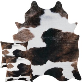 Amylove 3 Pcs Include 1 Faux Cowhide Print Rug and 2 Cow Pillowcase Set Winter Faux Cowhide Rug Faux Animal Cow Hide Carpet Mat Cowhide Print Pillows for Living Room Bedroom Western Decorations