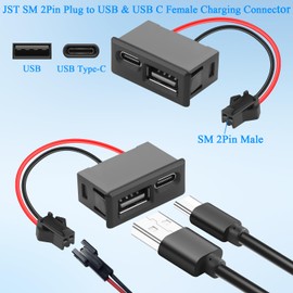 QIANRENON JST SM 2Pin to USB & USB C Charging Connector Socket 5V2A SM Plug Male to USB + USB Type C Female Snap-in Mount Dual Port Adaptor, for LED Light Toy, 7cm/2.8in, 2Pcs (Abreast)