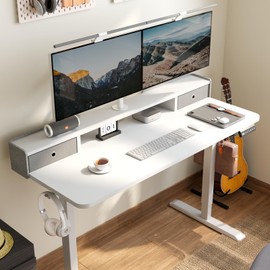 TRALT Electric Standing Desk 48 Inch Height with 2 Drawers-Adjustable Height Desk with Storage Shelf - Sit Stand Up Workstation (White, 48X24 Inches)