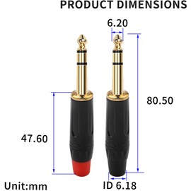 RUNCCI-YUN 4 pieces 6.35 mm TRS plug 3-pin stereo 6.35 mm TRS soldering audio plug, gold-plated, soldering type, DIY audio plug for speaker, microphone, mixer cable (black x 2 + red x 2)