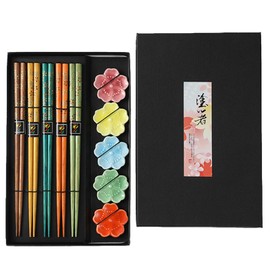 5 Pairs Wooden Chopsticks with Chopstick Trays, Colourful Golden Flower Chopsticks, Reusable Natural Bamboo Chopsticks with 5 Ceramic Chopsticks Pads