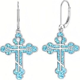 PROESS Turquoise Eastern Orthodox Cross Earrings for Women S925 Sterling Silver Crucifix Dangle Earrings Religious Christian Jewellry Gifts
