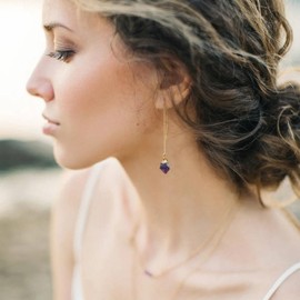 Fremttly Crystal Dangle Earrings, Long Chain Drop Earrings Gemstone Threader Earrings 14K Gold Plated Earrings for Women Trendy ER-Amethyst-2