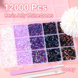 12000 Pcs Resin Jelly Rhinestones for Crafting, Multi Sizes Flatback Purple Color Gems, Bedazzling Crystal with Pickup Tool for DIY Crafts Clothing Shoes Fabric Nail Art