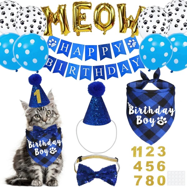 JOTFA Cat Birthday Party Supplies, Kitten Bandana with Hat Bow
