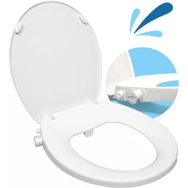 GenieBidet Slow-Close Round Bidet Toilet Seat, Stealth Bidet Attachment for Toilet Seat, Adjustable Self-Cleaning Nozzles, T Adapter & Bottle Bidet included