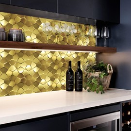 Blujellyfish 3D Gold Tile Metallic Long Hexagon Tile 3D Wall Panels for Kitchen Bathroom Backsplash Wall, Accent Walls (Pack of 5)