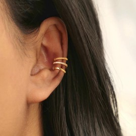 TELAIN Gold Earrings for Women - Clip-On Cartilina Earrings, 14K Gold Sterling Silver Plating, Cubic Zirconia Huggie Hoop, No Holes, Trendy Jewellery Set, gold, L