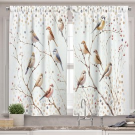 Ambesonne Bird Print Valance & Tier Curtain 3 pcs Set, Watercolor Style Polka Dots and Animals on Leafless Fall Branches, Window Treatments for Kitchen Room Decor, 55" x 24", Pastel Brown Purpleblue