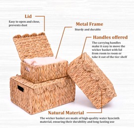 LUSYDECO Scalloped Edge Wicker Basket with Lids 14¾"L x 11¾"W x 7"H, Rectangle Wicker Storage Basket with Built-in Handles, Rattan Storage Boxes Hyacinth Baskets for Shelf, Nursery Room, Set of 3