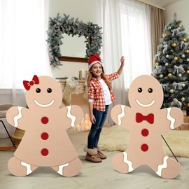 Quzzil 2 Pcs 35in Wood Gingerbread Man Cardboard Cutout Standup Life Size Wood Gingerbread Man Decor Unfinished Wooden Standing Gingerbread Man Cutouts Booth Prop for Christmas Party DIY Decoration
