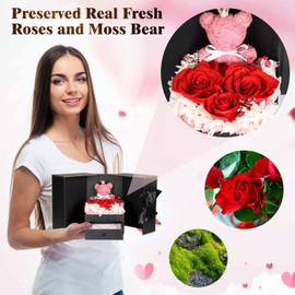 Cute Preserved Real Roses Bear Gift with 18K Gold Plated Initial Necklaces for Women, Mothers Day Birthday Anniversary Christmas Valentines Presents for Mom Girlfriend Wife