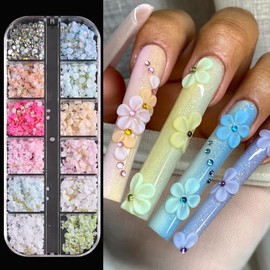 SUTOKAKA Adornos de flores 3D para uñas, pétalos de flores acrílicas de colores, decoraciones florales para uñas con cuentas de caviar y perlas planas, diamantes de imitación para manicura DIY, acceso