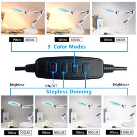 Magnifying Glass with Light and Stand, KIRKAS 2-in-1 Stepless Dimmable LED Magnifying desk Lamp with Clamp, 3 Color Modes Lighted Magnifier Lens Swivel Arm Light for Reading, Craft, Close Works -White