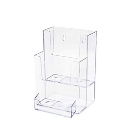 Marketing Holders 4”W Brochure Holder 2 Tier with Attached Business Card Pocket Holds Tri-fold Brochures Clear Acrylic Countertop or Wall Mount Design Pamphlet Maps Menu Organizer Handout Take One