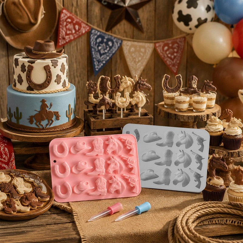 2 Pack Cowboy Chocolate Molds Silicone with Dropper,Western Theme Candy
