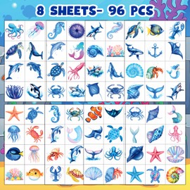 96 PCS Ocean Animals Pre–Cut Temporary Tattoos for Kids, Underwater Sea Creature Tattoos for Birthday Party Supplies Under The Sea Turtle Tattoo Stickers for Kids Boys Girls Party Bag Filler
