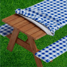 Sorfey Picnic Table Cover with Bench Covers -Fitted with Elastic, Vinyl with Flannel Back, Fits for Table 28"x 72" Rectangle,Water Proof, Checked Blue Design